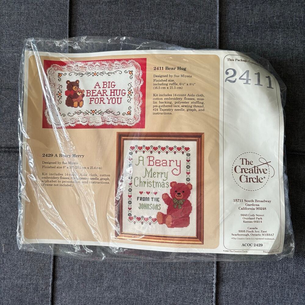 Bear Hug Pillow Vintage Counted Cross Stitch Kit by The Creative Circle - 1988